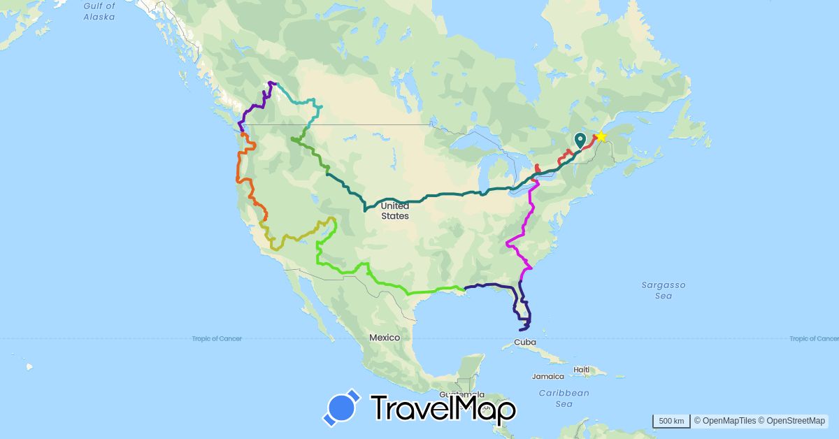 TravelMap itinerary: driving, novembre, octobre, décembre, janvier, février, mars, avril, mai, juin, juillet in Canada, United States (North America)